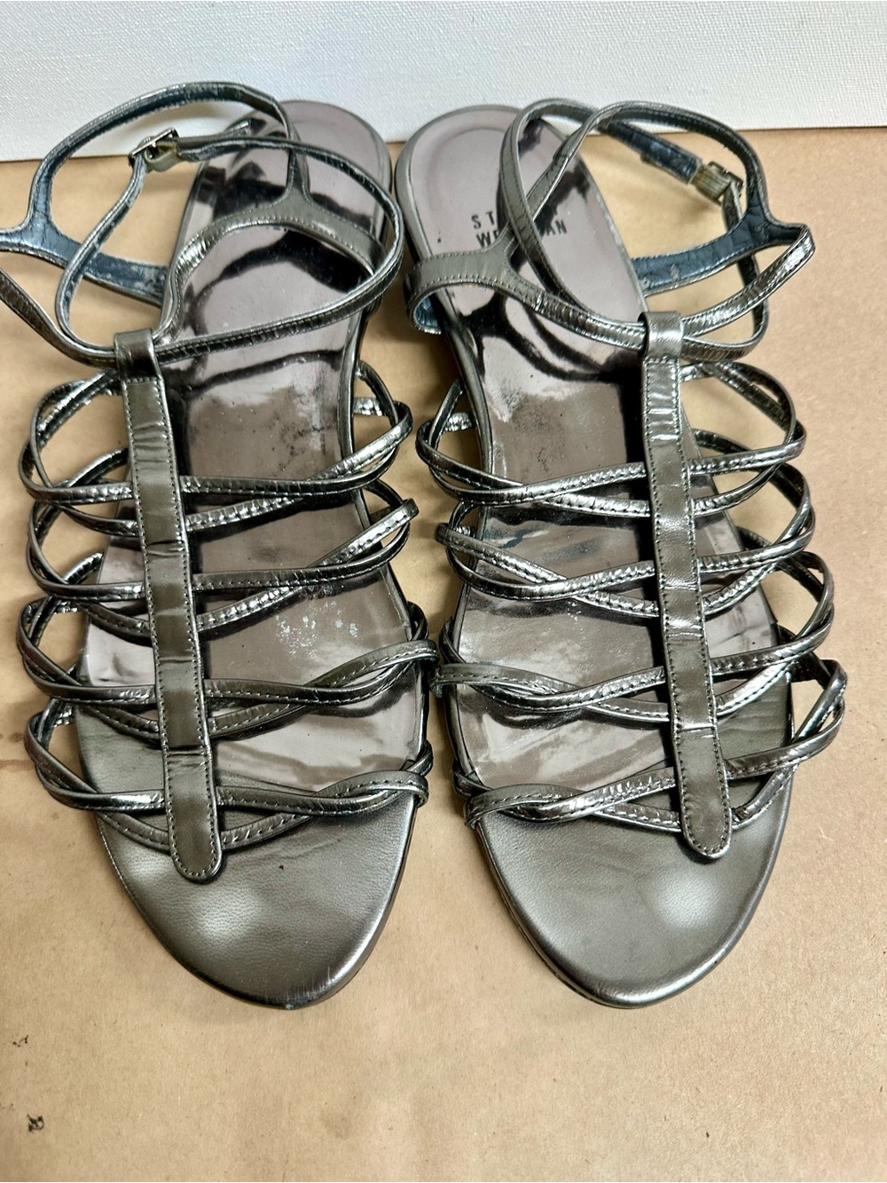 Stuart Weitzman Metallic Gunmetal Multi-Strap Flat Sandals